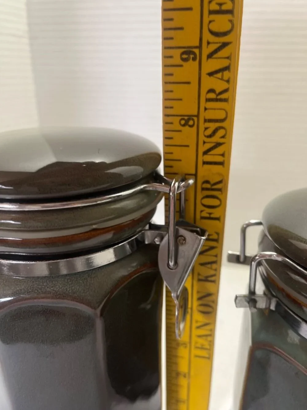 Pier 1 Six Inch Ceramic Hexagonal Canister with Latch Lid in Brown & Green Glaze